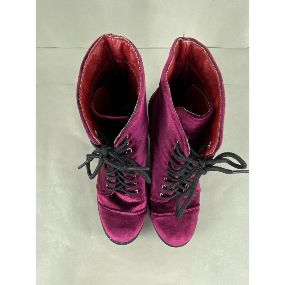 Twisted Womens Velvet Lace Up Chunky Heel Ankle Boots Size 9 Burgundy Berry Goth - Picture 8 of 13